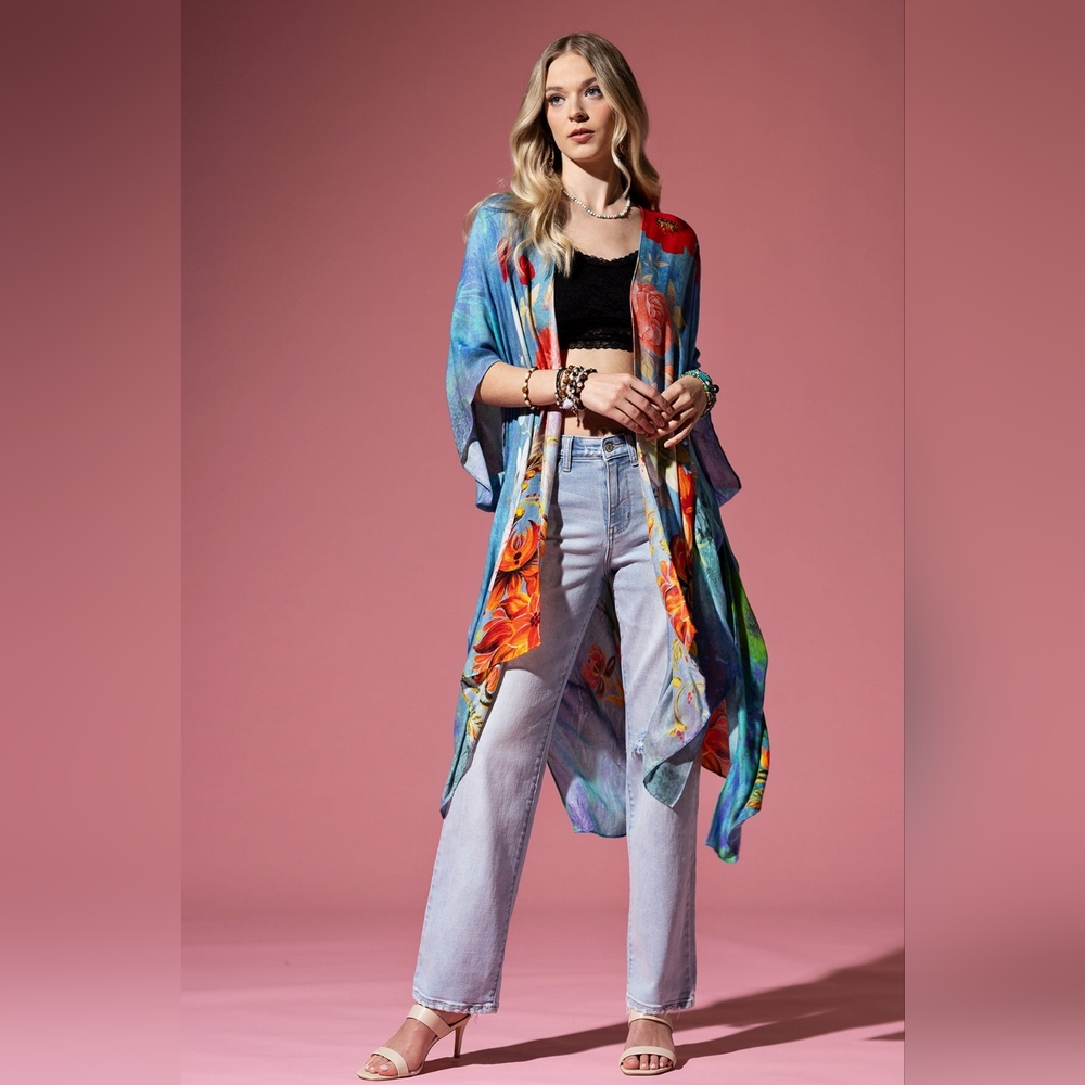 Dreamy Floral Print Kimono - Watercolor Effect Background - Soft Silky Material - Picture 5 of 7